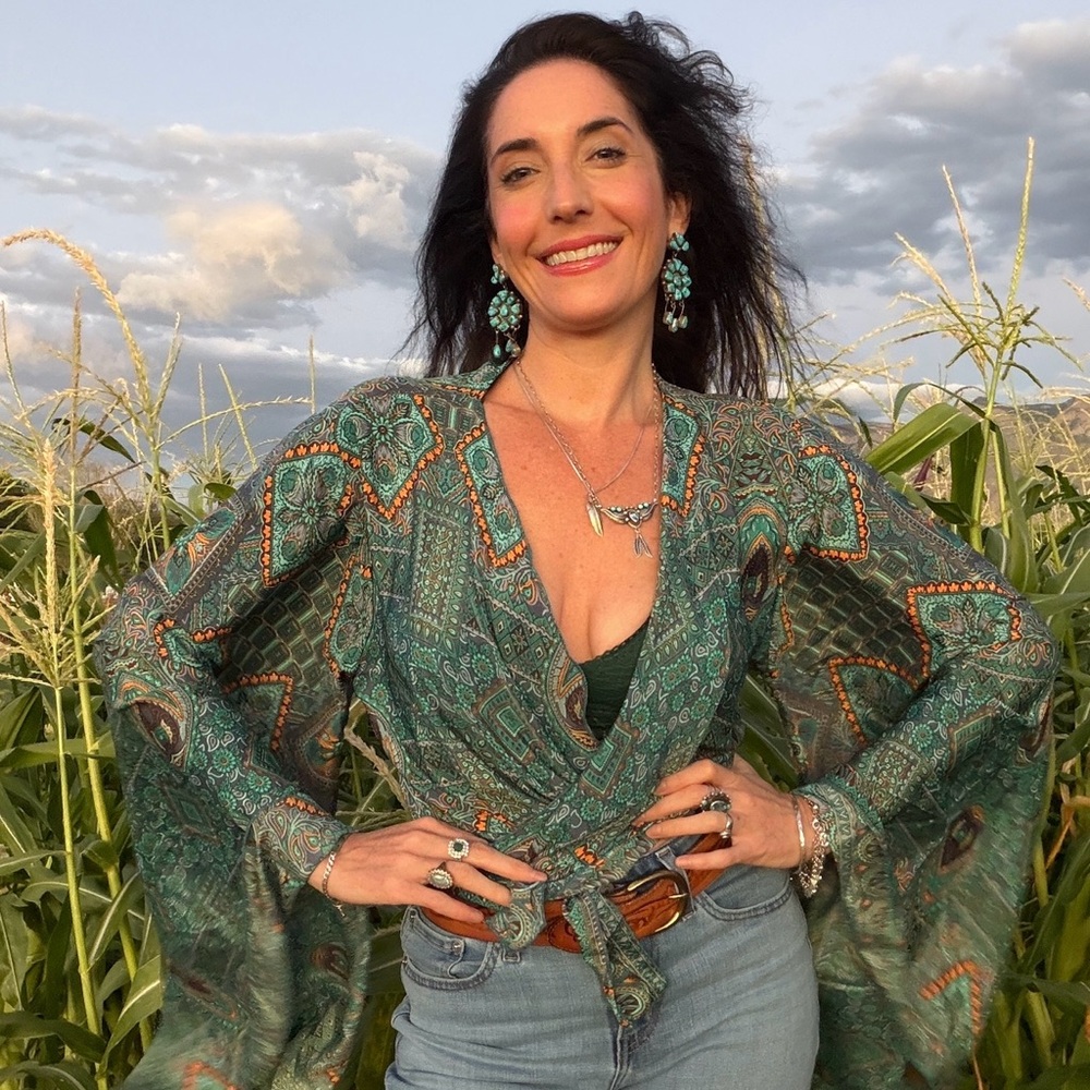 Bell Sleeve Silk Top, Peacock Blue Green Paisley Women's Top